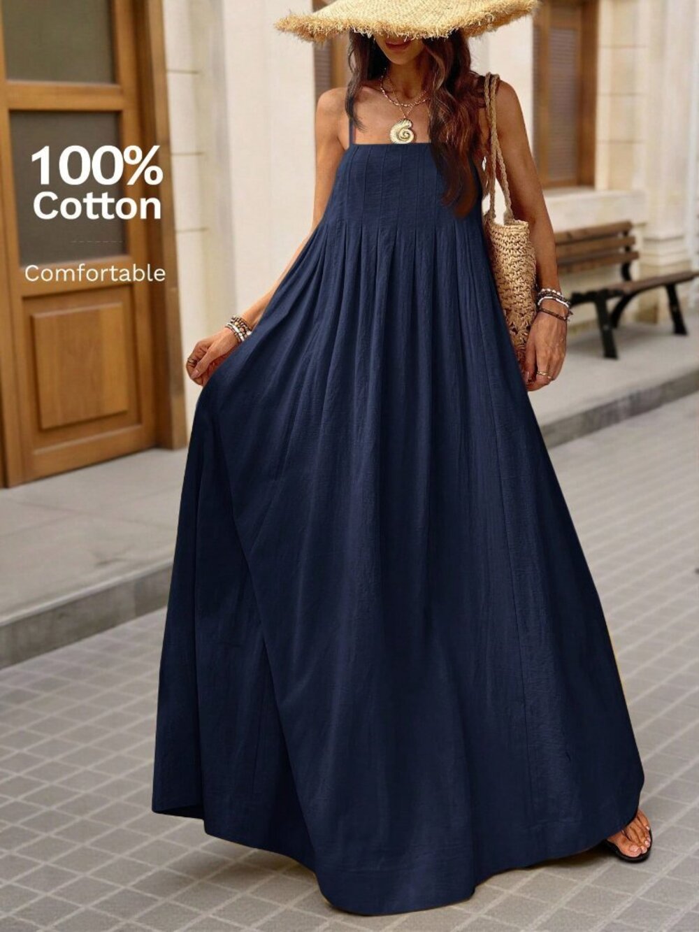 Blue Casual Women's square neck loose fit maxi Dress, - Picture 7 of 7